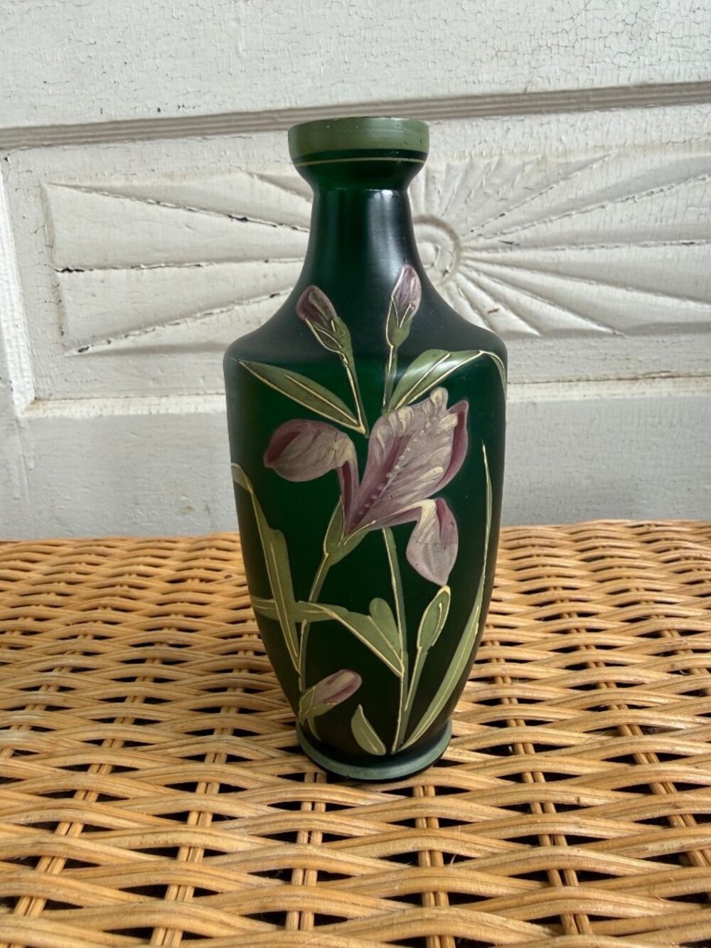Antique 1910s Carl Goldberg Bohemian Art Nouveau Green Glass Vase Purple Flowers